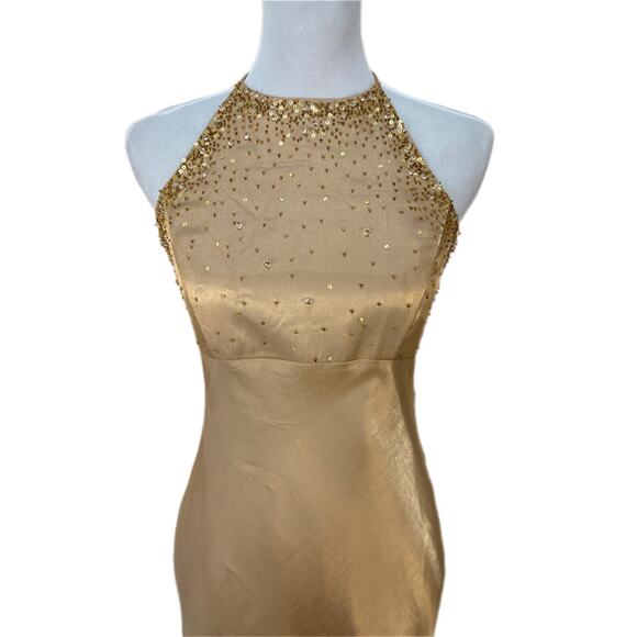 Y2K Niki Livas Gold Sequins Beaded Halter Prom Dress - Women's Size 8 - Picture 2 of 8
